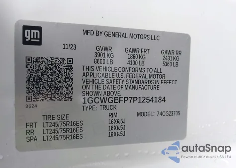 2023 Chevrolet Express G2500 из США, поврежденный, VIN 1GCWGBFP7P1254184